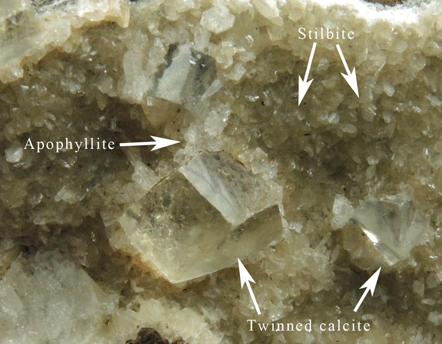 Calcite (twinned crystals) with Stilbite and Apophyllite from Fanwood Quarry (Weldon Quarry), Watchung, Somerset County, New Jersey