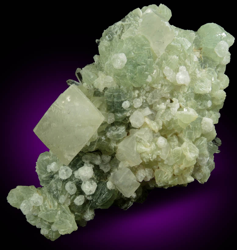 Calcite, Analcime, Quartz on Prehnite from Goboboseb Mountains, 43 km west of Brandberg Mountain, Erongo region, Namibia