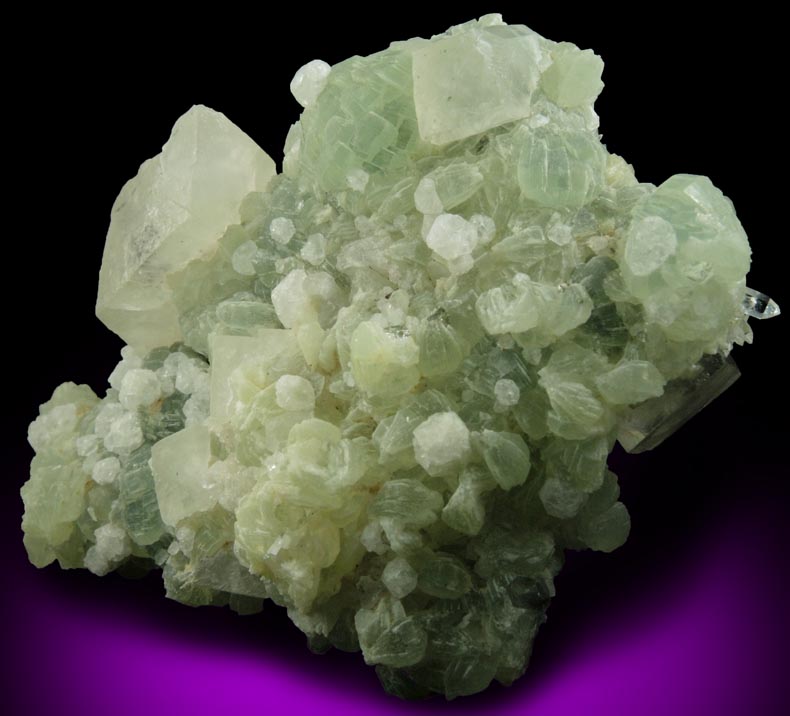 Calcite, Analcime, Quartz on Prehnite from Goboboseb Mountains, 43 km west of Brandberg Mountain, Erongo region, Namibia