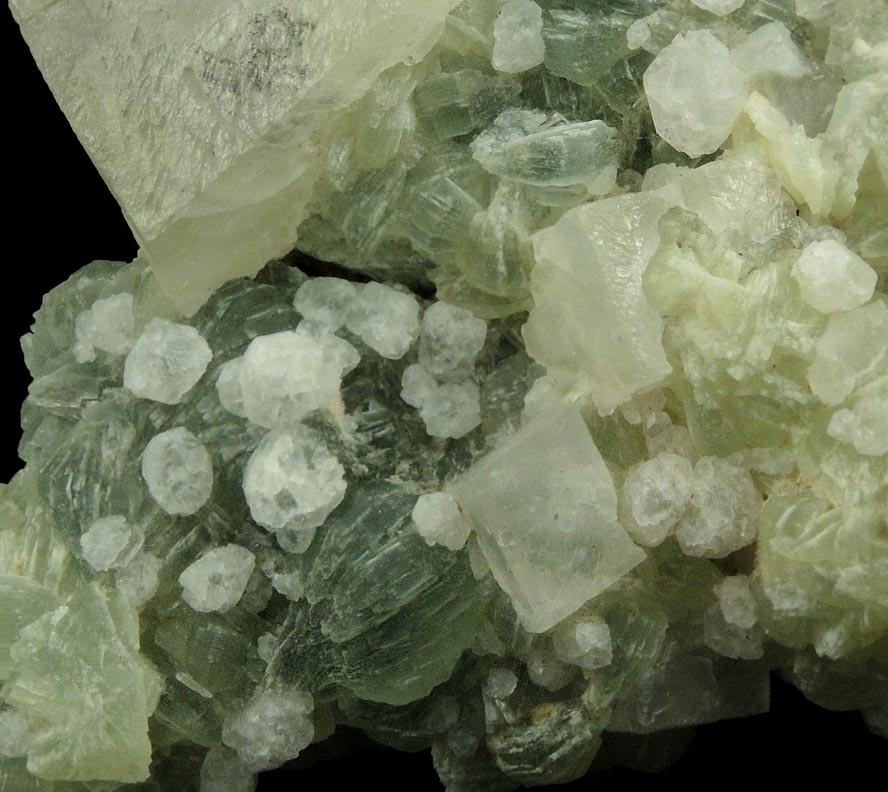 Calcite, Analcime, Quartz on Prehnite from Goboboseb Mountains, 43 km west of Brandberg Mountain, Erongo region, Namibia