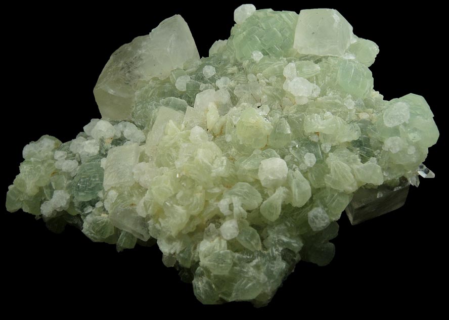 Calcite, Analcime, Quartz on Prehnite from Goboboseb Mountains, 43 km west of Brandberg Mountain, Erongo region, Namibia