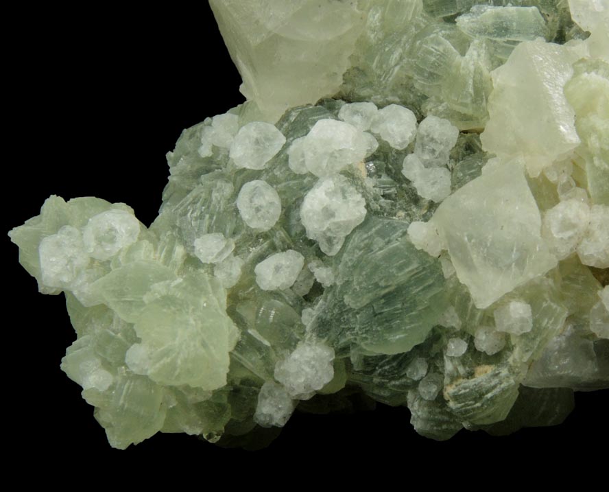 Calcite, Analcime, Quartz on Prehnite from Goboboseb Mountains, 43 km west of Brandberg Mountain, Erongo region, Namibia