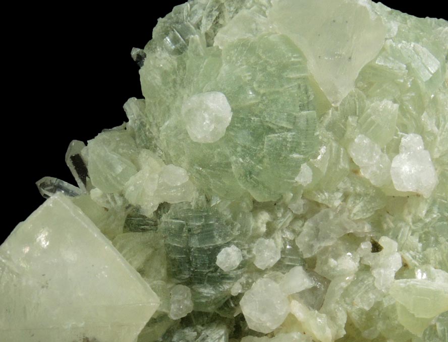 Calcite, Analcime, Quartz on Prehnite from Goboboseb Mountains, 43 km west of Brandberg Mountain, Erongo region, Namibia