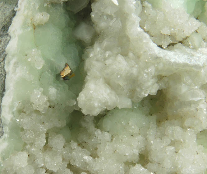 Quartz on Prehnite with Pyrite from Millington Quarry, Bernards Township, Somerset County, New Jersey