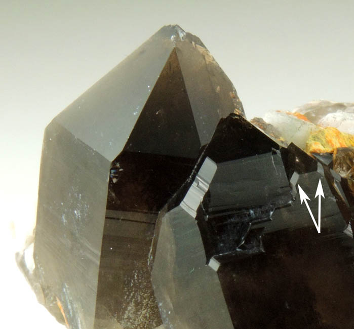 Quartz var. Smoky Quartz (Dauphiné Law Twins) on Microcline from Moat Mountain, Oliver Diggings, Hale's Location, west of North Conway, New Hampshire