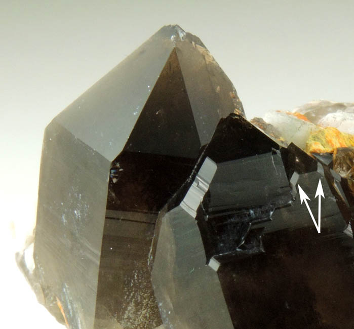 Quartz var. Smoky Quartz (Dauphin Law Twins) on Microcline from Moat Mountain, Oliver Diggings, Hale's Location, west of North Conway, New Hampshire