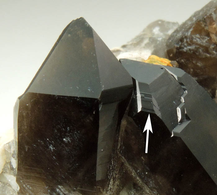 Quartz var. Smoky Quartz (Dauphin Law Twins) on Microcline from Moat Mountain, Oliver Diggings, Hale's Location, west of North Conway, New Hampshire