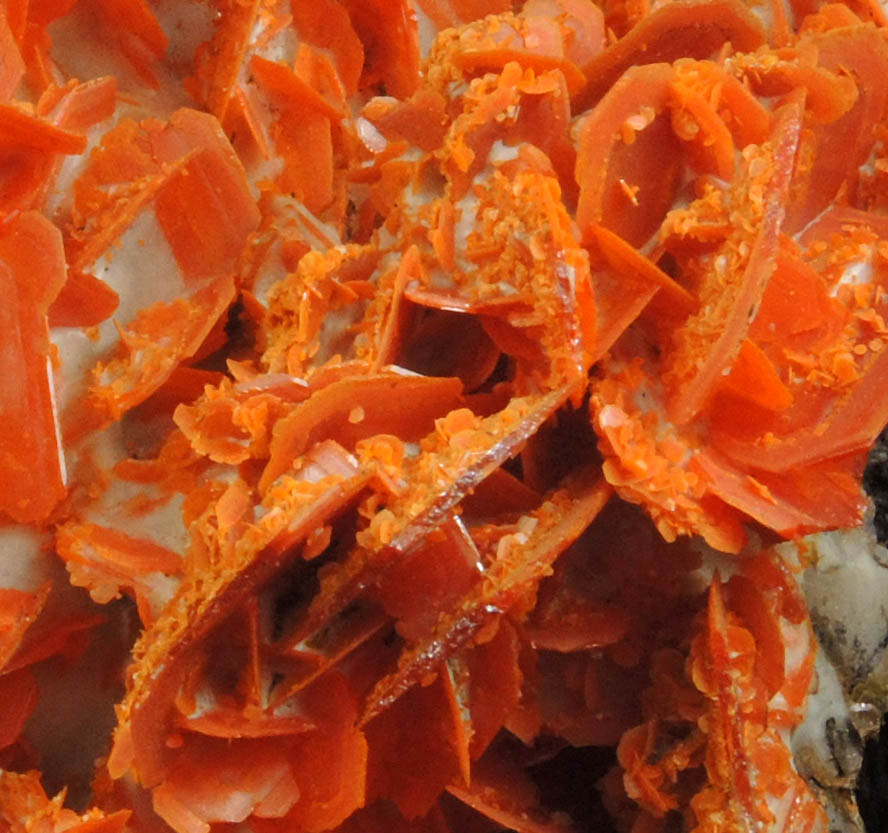 Wulfenite on Wulfenite over Calcite from Jianshan Mine, Kuruktag Mountains, 300 km southeast of rmqi, Shanshan County, Xinjiang Uygur Region, China