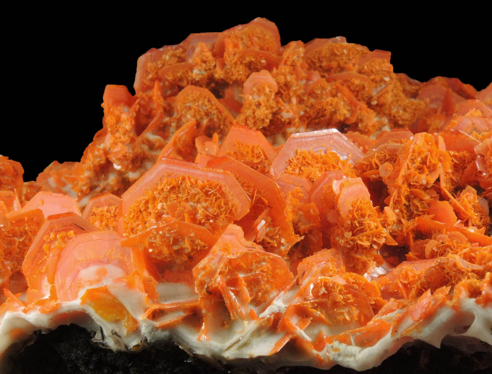 Wulfenite on Wulfenite over Calcite from Jianshan Mine, Kuruktag Mountains, 300 km southeast of rmqi, Shanshan County, Xinjiang Uygur Region, China