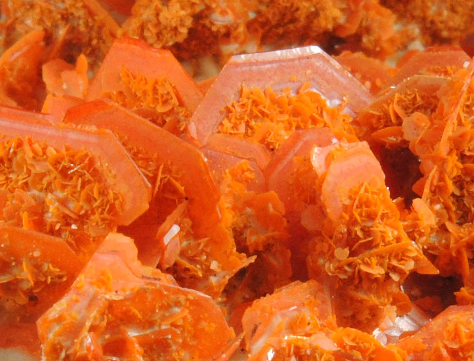 Wulfenite on Wulfenite over Calcite from Jianshan Mine, Kuruktag Mountains, 300 km southeast of rmqi, Shanshan County, Xinjiang Uygur Region, China