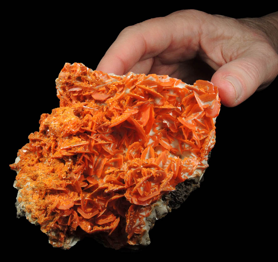 Wulfenite on Wulfenite over Calcite from Jianshan Mine, Kuruktag Mountains, 300 km southeast of rmqi, Shanshan County, Xinjiang Uygur Region, China