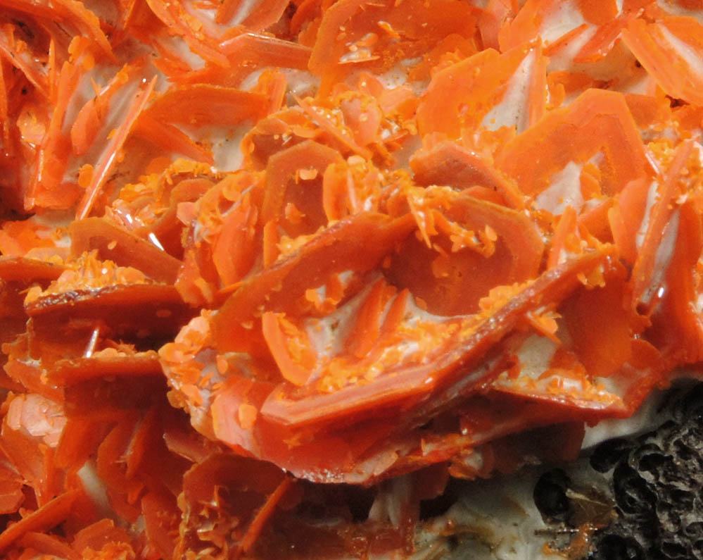 Wulfenite on Wulfenite over Calcite from Jianshan Mine, Kuruktag Mountains, 300 km southeast of rmqi, Shanshan County, Xinjiang Uygur Region, China