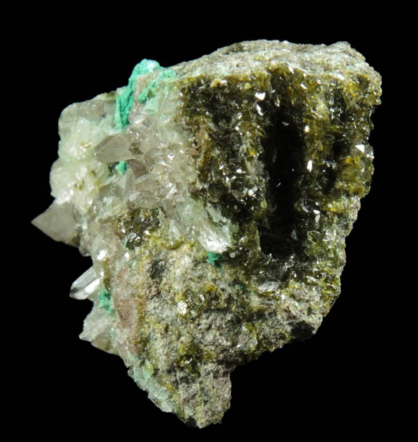 Calumetite, Epidote, Quartz from Centennial Mine, Keweenaw Peninsula Copper District, Houghton County, Michigan (Type Locality for Calumetite)