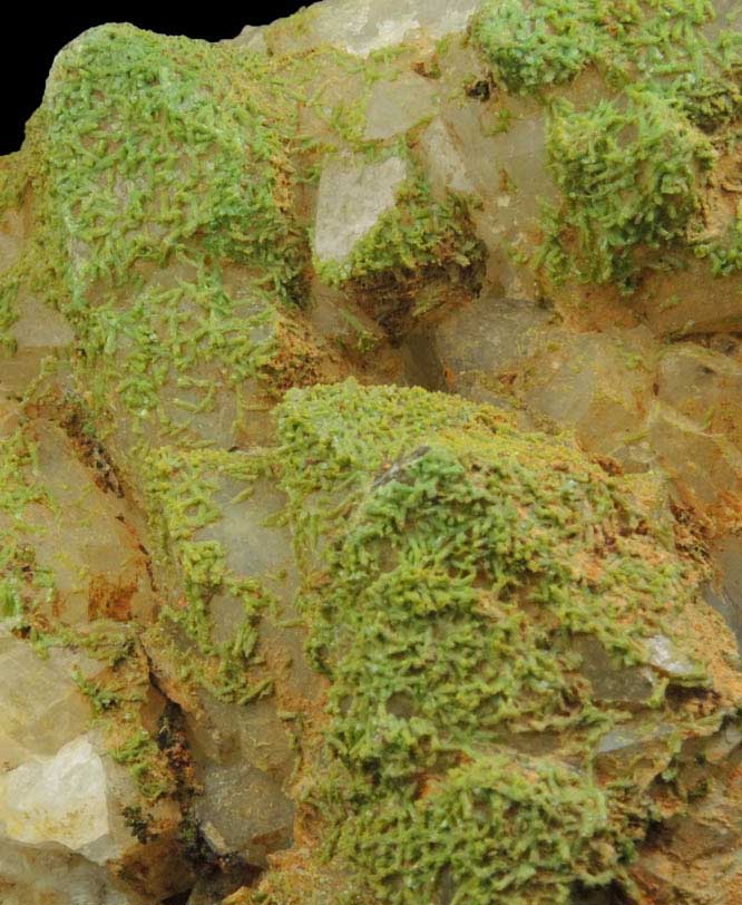 Pyromorphite over Quartz from Sarrowcole Vein, Laverock Hall, Leadhills, South Lanarkshire, Strathclyde, Scotland