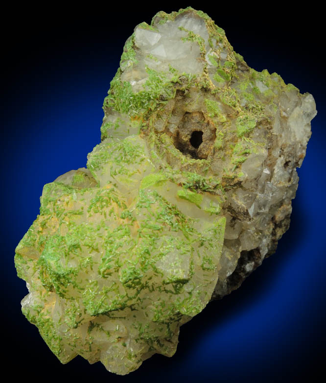 Pyromorphite on Quartz with pseudomorphic molds after hoppered Galena from Sarrowcole Vein, Laverock Hall, Leadhills, South Lanarkshire, Strathclyde, Scotland