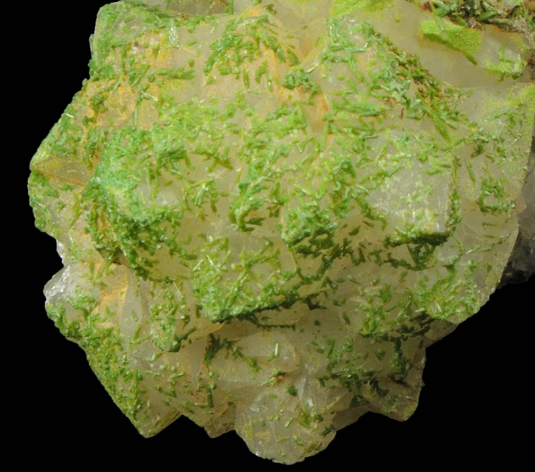 Pyromorphite on Quartz with pseudomorphic molds after hoppered Galena from Sarrowcole Vein, Laverock Hall, Leadhills, South Lanarkshire, Strathclyde, Scotland