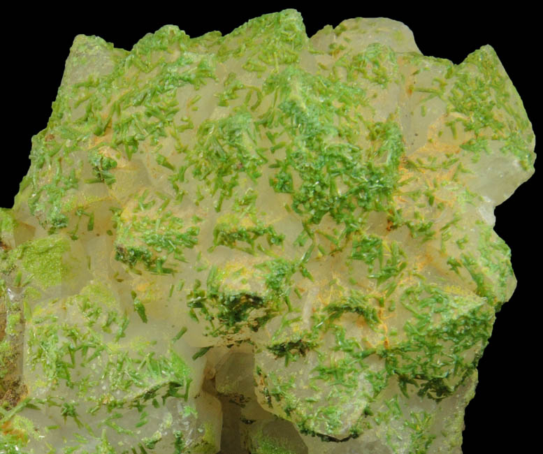 Pyromorphite on Quartz with pseudomorphic molds after hoppered Galena from Sarrowcole Vein, Laverock Hall, Leadhills, South Lanarkshire, Strathclyde, Scotland