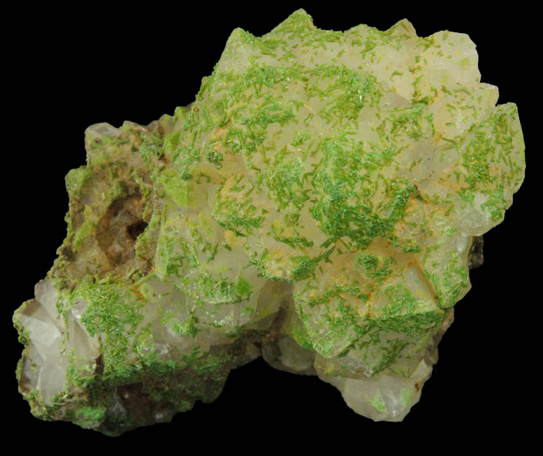 Pyromorphite on Quartz with pseudomorphic molds after hoppered Galena from Sarrowcole Vein, Laverock Hall, Leadhills, South Lanarkshire, Strathclyde, Scotland