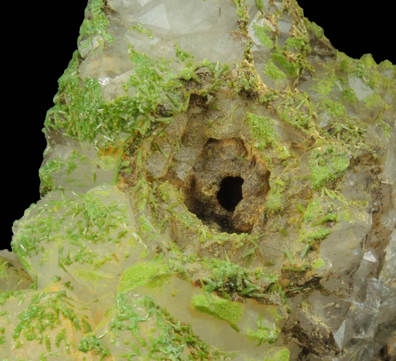 Pyromorphite on Quartz with pseudomorphic molds after hoppered Galena from Sarrowcole Vein, Laverock Hall, Leadhills, South Lanarkshire, Strathclyde, Scotland