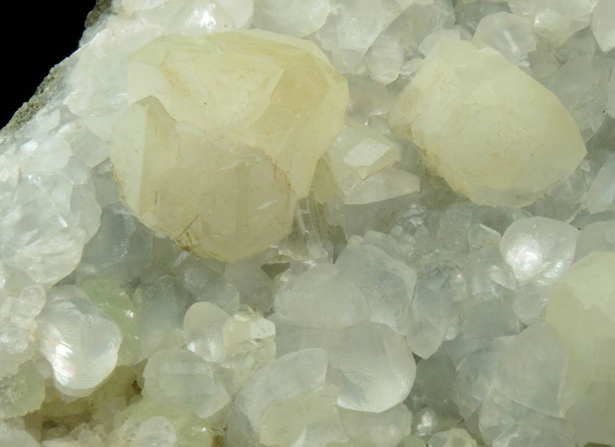 Datolite on Calcite over Prehnite from Prospect Park Quarry, Prospect Park, Passaic County, New Jersey