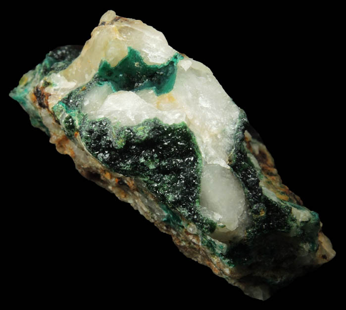 Olivenite and Cornwallite on Quartz from Bawden's Shaft, Wheal Gorland, St. Day, Cornwall, England (Type Locality for Cornwallite)