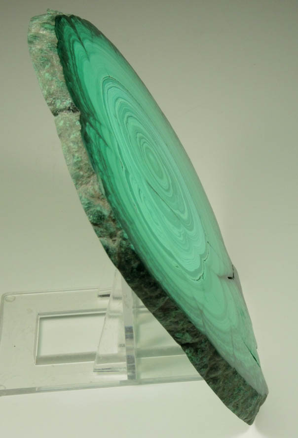 Malachite (polished slice of concentric-growth malachite stalactite) from Kolwezi Mining District, 240 km WNW of Lubumbashi, Katanga Copperbelt, Lualaba Province, Democratic Republic of the Congo