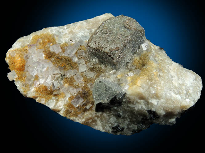 Galena with Anglesite coating on Quartz and Fluorite from Royal Flush Mine, Hansonburg District, 8.5 km south of Bingham, Socorro County, New Mexico