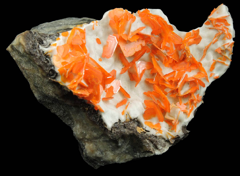 Wulfenite and Calcite from Jianshan Mine, Kuruktag Mountains, 300 km southeast of rmqi, Shanshan County, Xinjiang Uygur Region, China