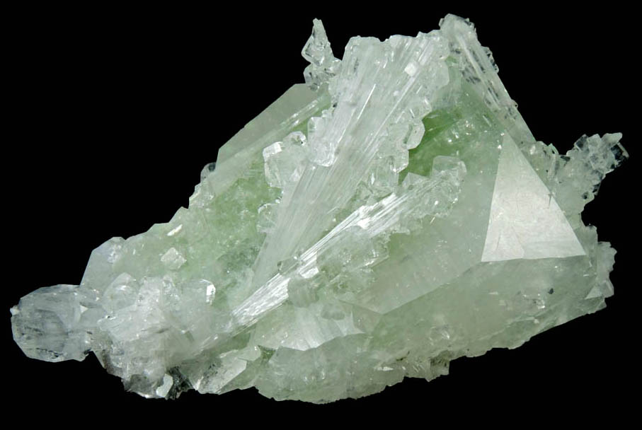 Apophyllite on Scolecite in green Apophyllite from Bombay Pada Quarry, Mumbai District, Maharashtra, India