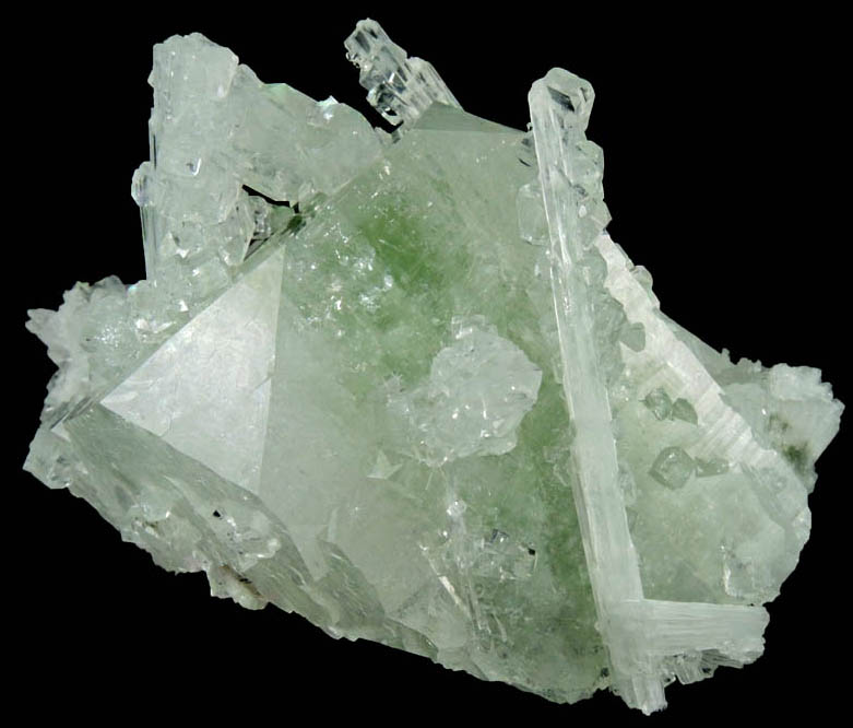 Apophyllite on Scolecite in green Apophyllite from Bombay Pada Quarry, Mumbai District, Maharashtra, India