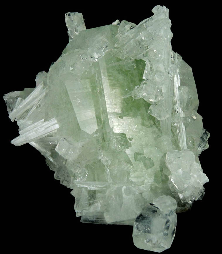 Apophyllite on Scolecite in green Apophyllite from Bombay Pada Quarry, Mumbai District, Maharashtra, India