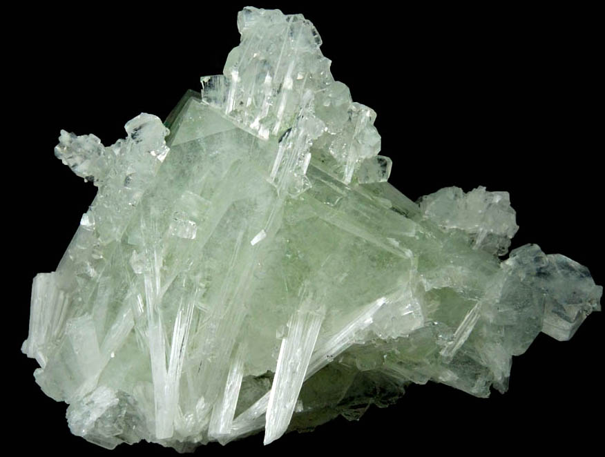 Apophyllite on Scolecite in green Apophyllite from Bombay Pada Quarry, Mumbai District, Maharashtra, India