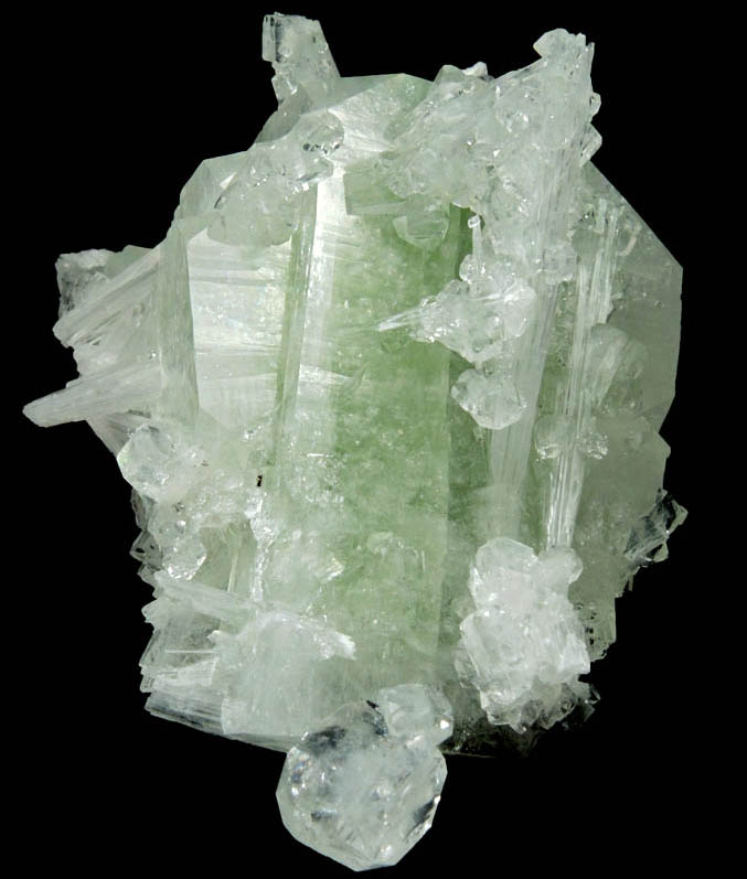 Apophyllite on Scolecite in green Apophyllite from Bombay Pada Quarry, Mumbai District, Maharashtra, India