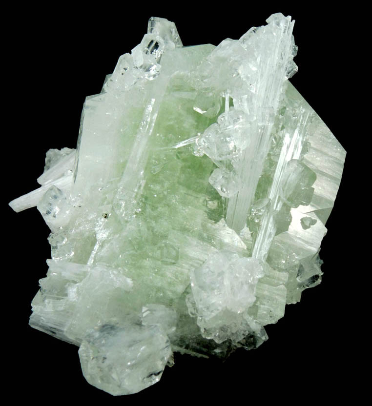 Apophyllite on Scolecite in green Apophyllite from Bombay Pada Quarry, Mumbai District, Maharashtra, India