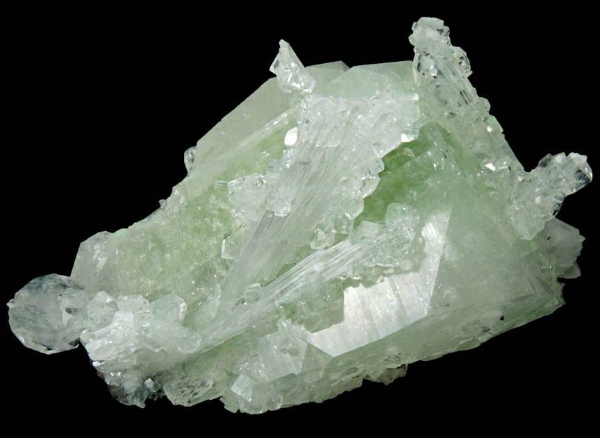 Apophyllite on Scolecite in green Apophyllite from Bombay Pada Quarry, Mumbai District, Maharashtra, India