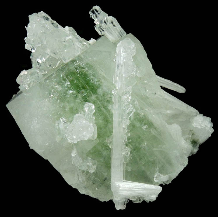 Apophyllite on Scolecite in green Apophyllite from Bombay Pada Quarry, Mumbai District, Maharashtra, India