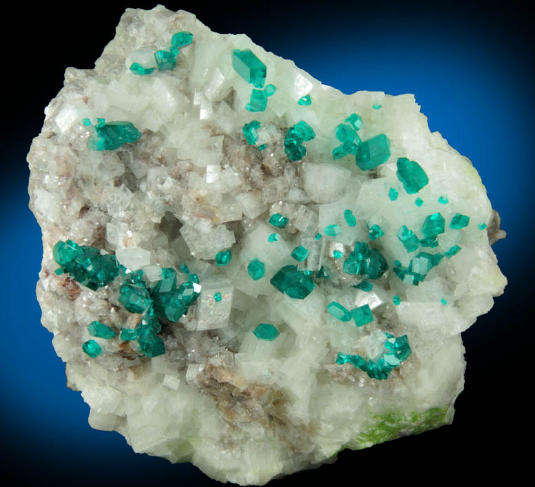 Dioptase over Calcite with Duftite from Tsumeb Mine, Otavi-Bergland District, Oshikoto, Namibia (Type Locality for Duftite)