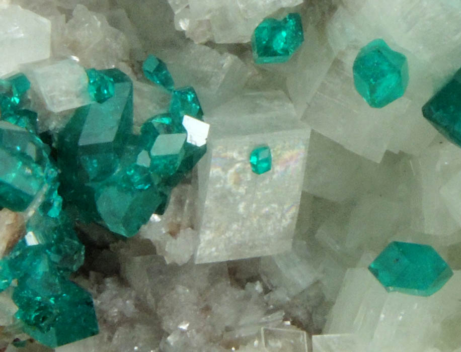 Dioptase over Calcite with Duftite from Tsumeb Mine, Otavi-Bergland District, Oshikoto, Namibia (Type Locality for Duftite)