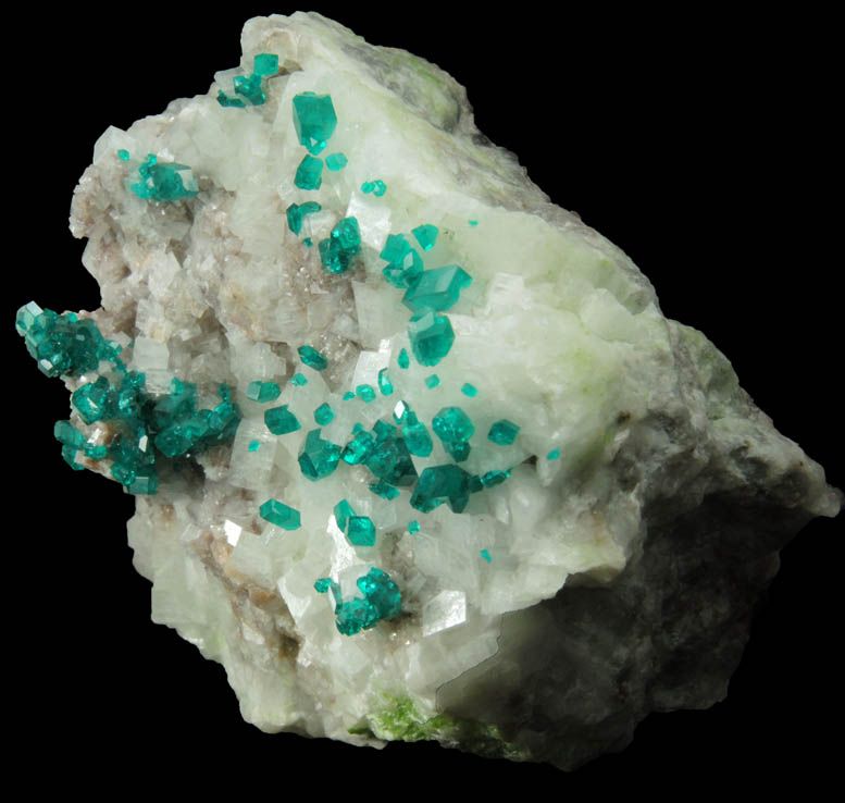 Dioptase over Calcite with Duftite from Tsumeb Mine, Otavi-Bergland District, Oshikoto, Namibia (Type Locality for Duftite)