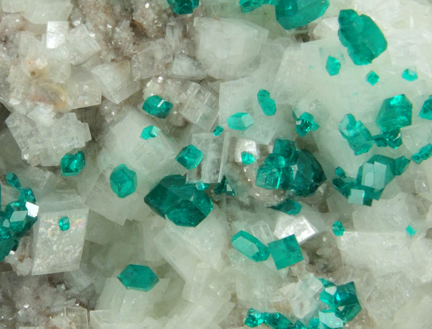 Dioptase over Calcite with Duftite from Tsumeb Mine, Otavi-Bergland District, Oshikoto, Namibia (Type Locality for Duftite)