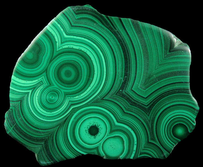 Malachite (polished slice of concentric growth malachite) from Kolwezi Mining District, 240 km WNW of  Lubumbashi, Katanga Copperbelt, Lualaba Province, Democratic Republic of the Congo