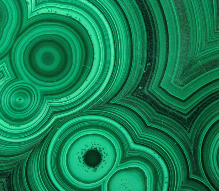 Malachite (polished slice of concentric growth malachite) from Kolwezi Mining District, 240 km WNW of  Lubumbashi, Katanga Copperbelt, Lualaba Province, Democratic Republic of the Congo