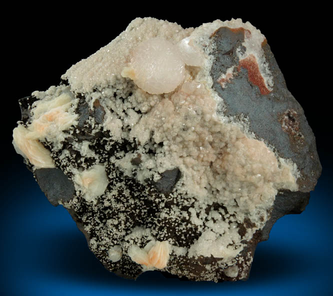 Calcite var. Manganoan Calcite with Barite and Quartz over Hematite from Montreal Mine, Gogebic Iron Range, Iron County, Wisconsin