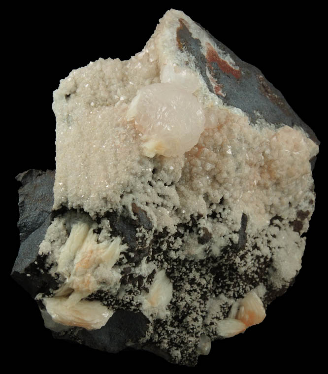 Calcite var. Manganoan Calcite with Barite and Quartz over Hematite from Montreal Mine, Gogebic Iron Range, Iron County, Wisconsin