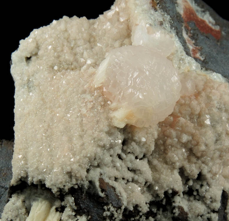 Calcite var. Manganoan Calcite with Barite and Quartz over Hematite from Montreal Mine, Gogebic Iron Range, Iron County, Wisconsin