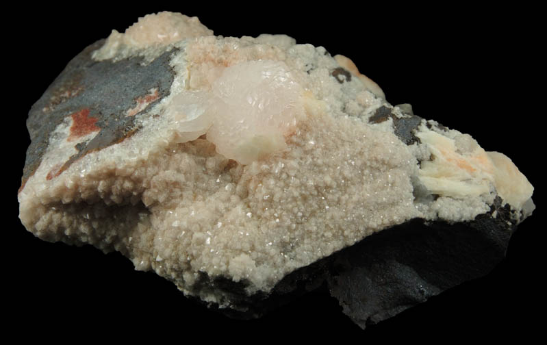 Calcite var. Manganoan Calcite with Barite and Quartz over Hematite from Montreal Mine, Gogebic Iron Range, Iron County, Wisconsin