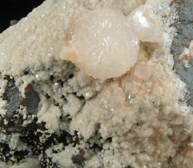 Calcite var. Manganoan Calcite with Barite and Quartz over Hematite from Montreal Mine, Gogebic Iron Range, Iron County, Wisconsin