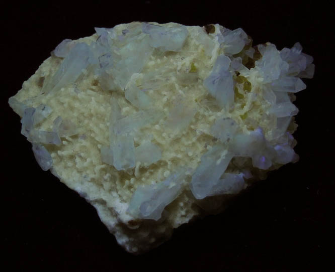 Photo below under shortwave ultraviolet illumination of Celestine on Sulfur from Agrigento District (Girgenti), Sicily, Italy Celestine on Sulfur from Agrigento District (Girgenti), Sicily, Italy