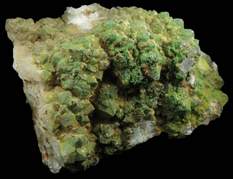 Pyromorphite over Quartz from Sarrowcole Vein, Laverock Hall, Leadhills, South Lanarkshire, Strathclyde, Scotland