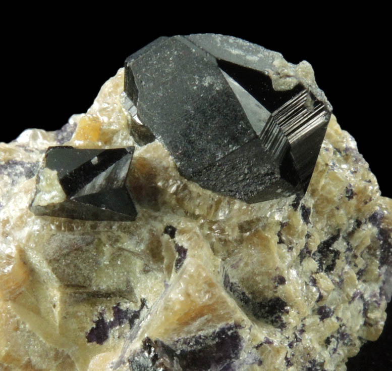 Cassiterite (twinned crystals) on Talc with minor Fluorite from Ehrenfriedersdorf, Erzgebirge, Sachsen, Germany